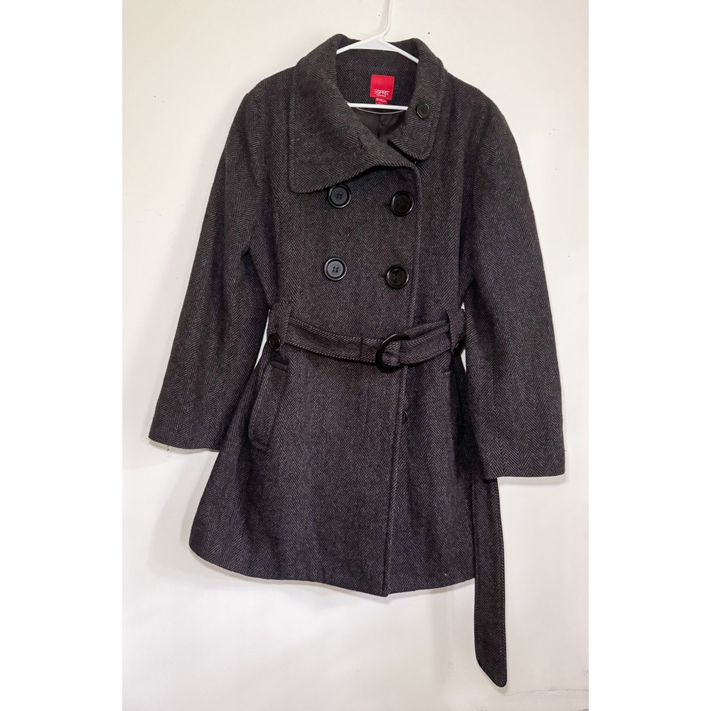 Vintage Y2K ESPRIT Grey Herringbone Wool Blend Double Breasted Belt Pea Coat XL